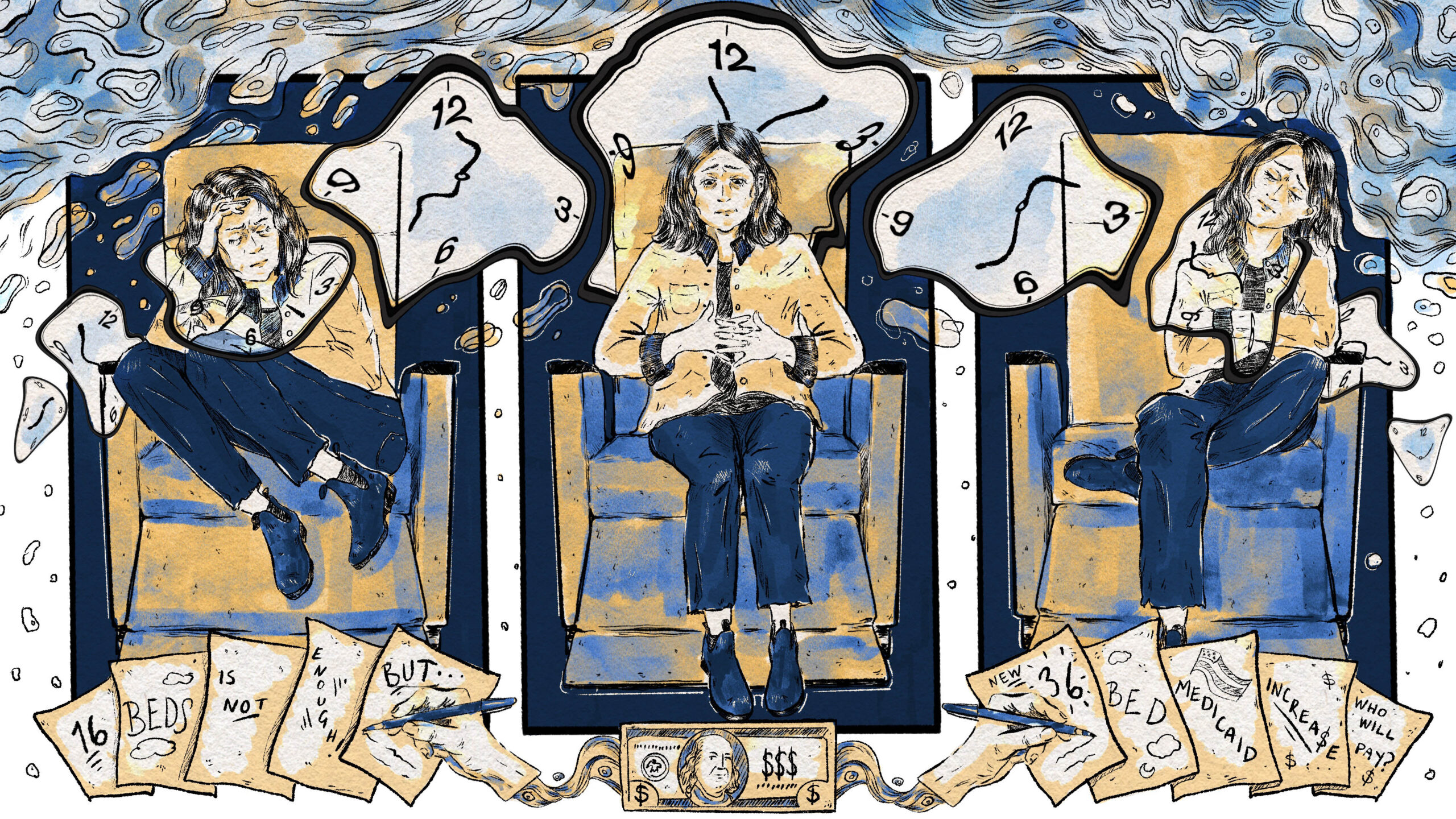 A hand-drawn pen and ink illustration. Three panels are set up in a triptych style. In each, the main character is trying to figure out a comfortable way to sleep in the medical recliner. Dali-esque melting clocks float around her. Paper legislation frames the bottom of the page.